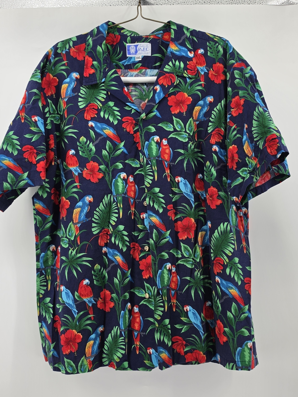 RJC Hawaiian Shirt 3XL Tropical Parrot Hibiscus Floral Blue Button Up